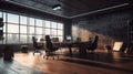 Comfortable and refined office space in a modern building. Dark muted tones, a wooden desktop with a desktop computer