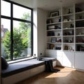 Modern home interior with cozy window seat reading nook and green garden view Royalty Free Stock Photo