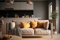 Comfortable sand-colored sofa in a modern kitchen. Generative AI