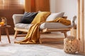 Closeup of comfortable Scandinavian sofa with futon and black and orange pillows