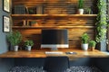 A comfortable setup for working from home, with a computer close to a wooden wall in a well-designed room interior Royalty Free Stock Photo