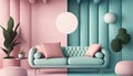 Comfortable sofa on a blue pink salon in the interior. illustration. Generative AI