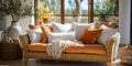 Comfortable sofa with orange and white decorative cushions and flowers in the interior of the bedroom. ia generative