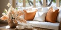 Comfortable sofa with orange and white decorative cushions and flowers in the interior of the bedroom. ia generative