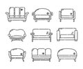 Comfortable sofa with pillow. Nine modern stylish object for relaxation. Image of couch in line art style. Element furniture of