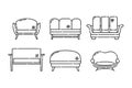 Comfortable sofa with pillow. Nine modern stylish object for relaxation. Image of couch in line art style. Element furniture of