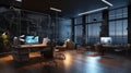 Comfortable and spacious office space, meeting room in a modern loft style building. Dark muted tones, wooden desktops