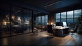 Comfortable and spacious office space, meeting room in a modern loft style building. Dark muted tones, wooden desktops