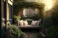 comfortable summer bench with cushions in courtyard of three-storey house snugly hidden in bushes cozy backyard