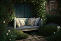 comfortable summer bench with cushions in courtyard of three-storey house snugly hidden in bushes cozy backyard