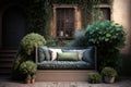 comfortable summer bench with cushions in courtyard of three-storey house snugly hidden in bushes cozy backyard