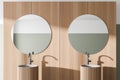 Comfortable two sinks with round mirrors standing on countertop in modern bathroom with wooden walls