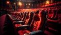 Comfortable velvet chairs in a row await an empty audience generated by AI