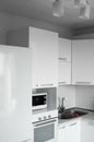 Comfortable white kitchen with a white lacquered facades. Modern kitchen clean interior design. Refrigerator, kitchen