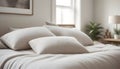 Comfortable white pillows on bed, closeup. Interior design. Generative AI
