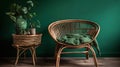 Comfortable wicker armchair with plaid and table near green wall. Banner for design, generative ai Royalty Free Stock Photo