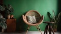 Comfortable wicker armchair with plaid and table near green wall, generative ai Royalty Free Stock Photo