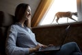 Comfortable working place. Beautiful girl working remotely from home. The triangular window, with the background walks a cat.