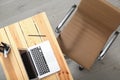 Comfortable workplace with office chair and table, top view Royalty Free Stock Photo