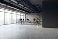 Comfortable workplaces in a modern loft office with desks, computers, and a window. Concrete floor and dark walls add a minimalist