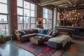 A comfortably furnished living room flooded with natural light from the multiple large windows, A chic industrial loft space with