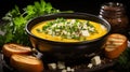 A Comforting Bowl of Pumpkin Soup With Bread Toast on Blurry Background