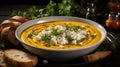 A Comforting Bowl of Pumpkin Soup on Selective Focus Background