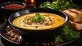 A Comforting Bowl of Pumpkin Soup on Selective Focus Background