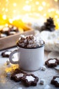 Comforting Christmas food, mug of hot cocoa with marshmallow and cookies with cozy lights Royalty Free Stock Photo
