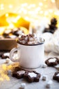 Comforting Christmas food, mug of hot cocoa with marshmallow and cookies with cozy lights Royalty Free Stock Photo