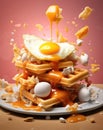 A comforting dish of waffles stacked with eggs and syrup on a plate