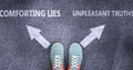 Comforting lies and unpleasant truths as different choices in life - pictured as words Comforting lies, unpleasant truths on a