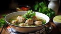 Bowl of chicken soup with meatballs and parsley on wooden table. Generative AI.