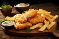 A comforting plate of beer-battered haddock and rustic hand-cut chips, served on a wooden board with a sprinkle of sea salt and a