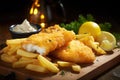 A comforting plate of breaded plaice fillets and rustic hand-cut chips served on a wooden board with a sprinkle of sea salt and a