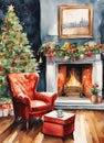 Comfy chair with hot drink by the christmas fireplace abstract art