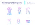 Comfy homewear and sleepwear outline icons set. Jumpsuit, home Pants. Isolated vector illustration