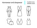 Comfy homewear and sleepwear outline icons set. Jumpsuit, home Pants. Editable stroke. Isolated vector illustration