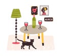 Comfy interior with cat, table with bottle and glasses on it and posters on the wall. Cozy feminist apartment. Vector