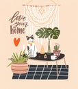 Comfy room with table, cat sitting on it, potted plants, home decorations and Love Your Home phrase written with cursive