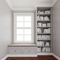 Comfy upholstered window seat with drawers in a window nook with library and books.  Trim, molding, crown and baseboard in white Royalty Free Stock Photo