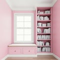 Comfy upholstered window seat with drawers in a window nook with library and books. Millennial pink colored walls