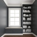 Comfy upholstered window seat with drawers in a window nook with library and books. Trim, molding, crown and baseboard in white