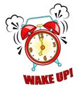 Comic alarm clock ringing and expression with wake up text. Vector bright dynamic cartoon object in retro pop art style isolated Royalty Free Stock Photo