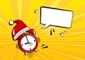 Comic alarm clock vector with Santa Claus hat, Christmas countdown, empty white speech balloon on yellow background in pop art Royalty Free Stock Photo