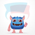 Comic Blue education monster. Cute character with watch, speech bubbles and glasses isolated on light background. Royalty Free Stock Photo
