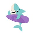 Comic Blue Shark as Marine Animal with Surfboard Smiling and Waving Fin Vector Illustration Royalty Free Stock Photo