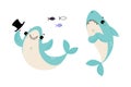 Comic Blue Shark with Fins as Marine Animal Smiling and Feeling Grumpy Vector Set