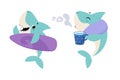 Comic Blue Shark with Fins as Marine Animal with Surfboard and with Mug Drinking Tea Vector Set Royalty Free Stock Photo