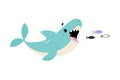 Comic Blue Shark with Open Mouth Chasing Fish as Marine Animal Floating in the Ocean Vector Illustration. Royalty Free Stock Photo